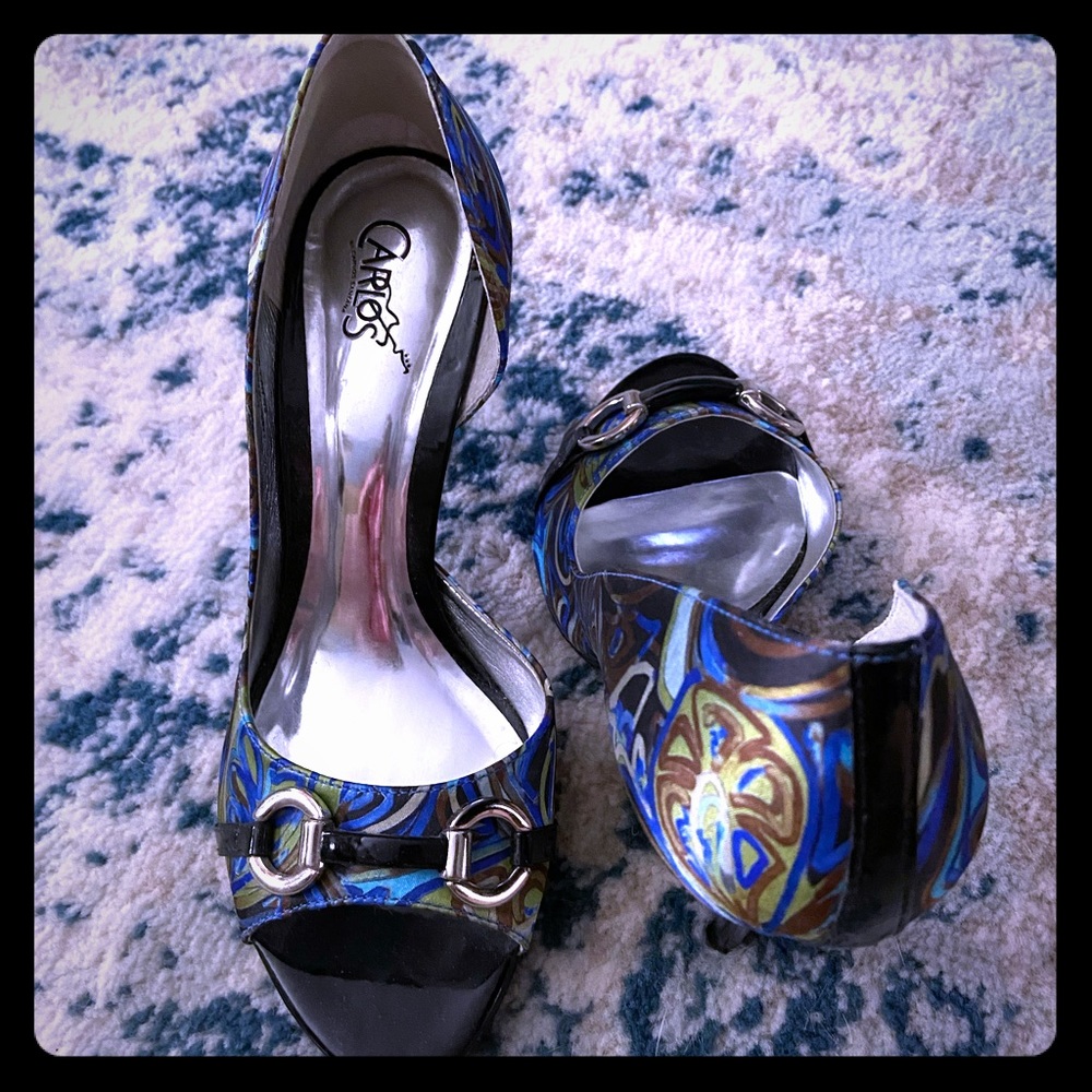 Blue/green/brown multi d’orsay peep toe heels